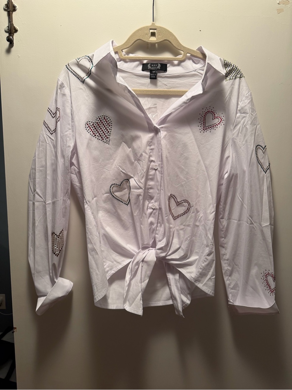 White Rhinestone Heart Tie-Front Button Shirt